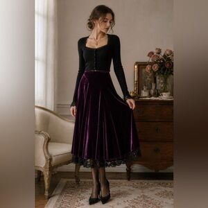 Quin & Donnelly Purple Velvet Skirt 6 Lace Hem Dark Academia Goth Fairy Whimsy